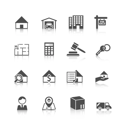 Real estate black icons set of house plan apartment valuation and choosing isolated vector illustration