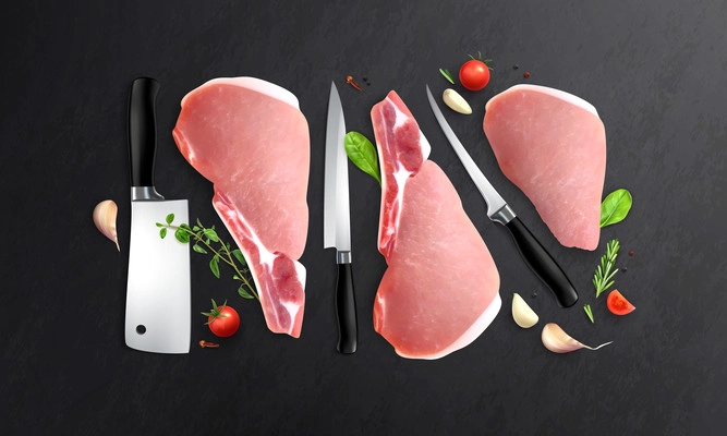 Meat realistic composition with top view of black table with knives of different size and steaks vector illustration