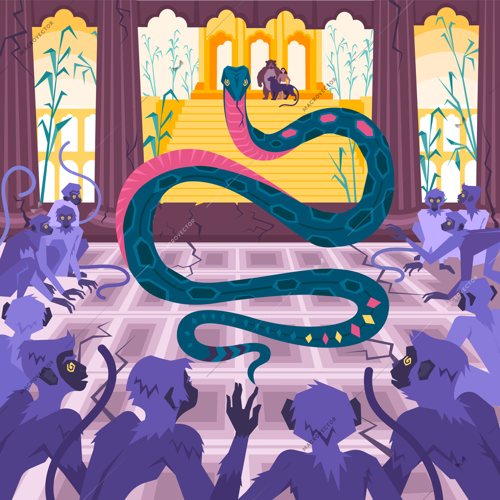 Mowgli page background with ruined building monkey and snake vector illustration