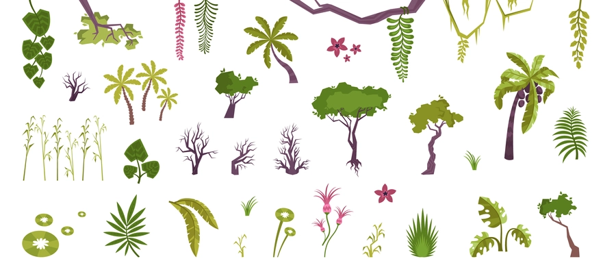 Plants set with flat isolated icons of jungle flowers trees and bushes with lianas and moss vector illustration