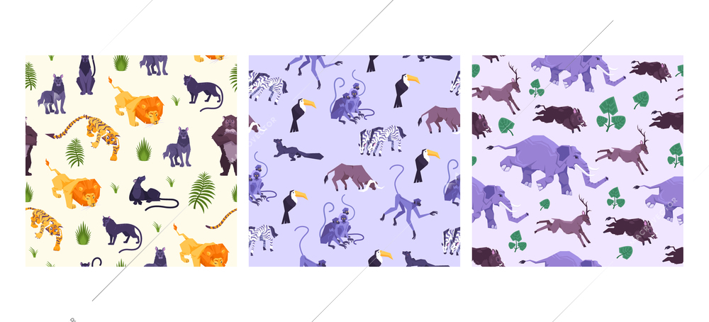 Set of three patterns with flat characters of jungle animals and birds with rainforest plants grass vector illustration