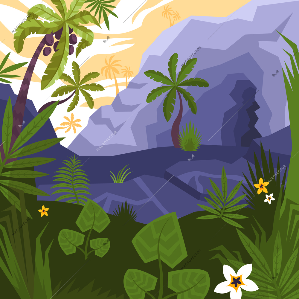 Tropical landscape background with trees plants rocks and flowers vector illustration