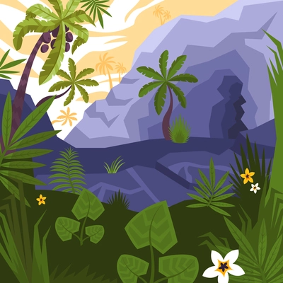 Tropical landscape background with trees plants rocks and flowers vector illustration