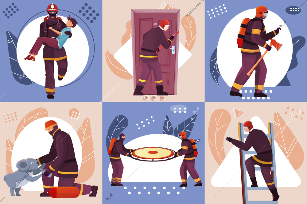 Firefighters design concept set of six compositions with characters of fighting fire and saving peoples lives vector illustration