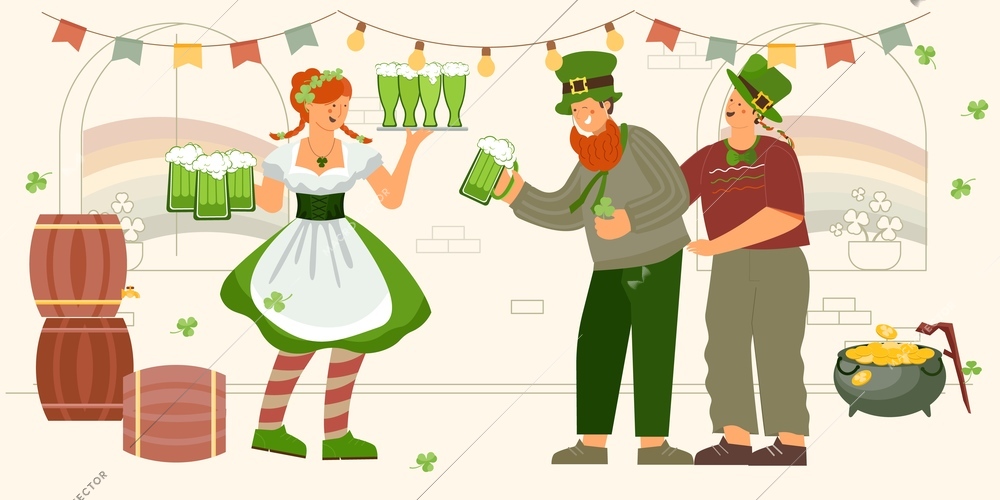 Patrick day waiter composition with indoor pub scenery and male characters with waitress holding beer glasses vector illustration