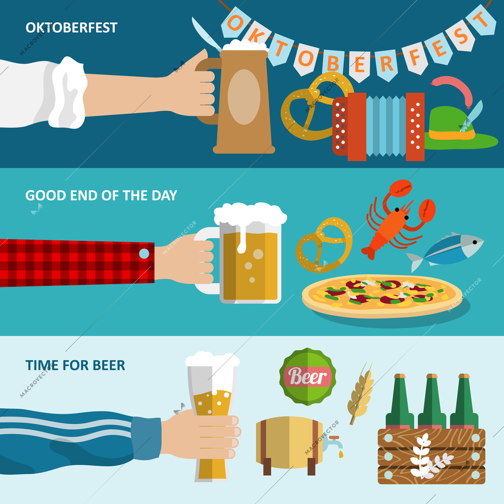 Dark and light beer Oktoberfest horizontal banners set isolated vector illustration.