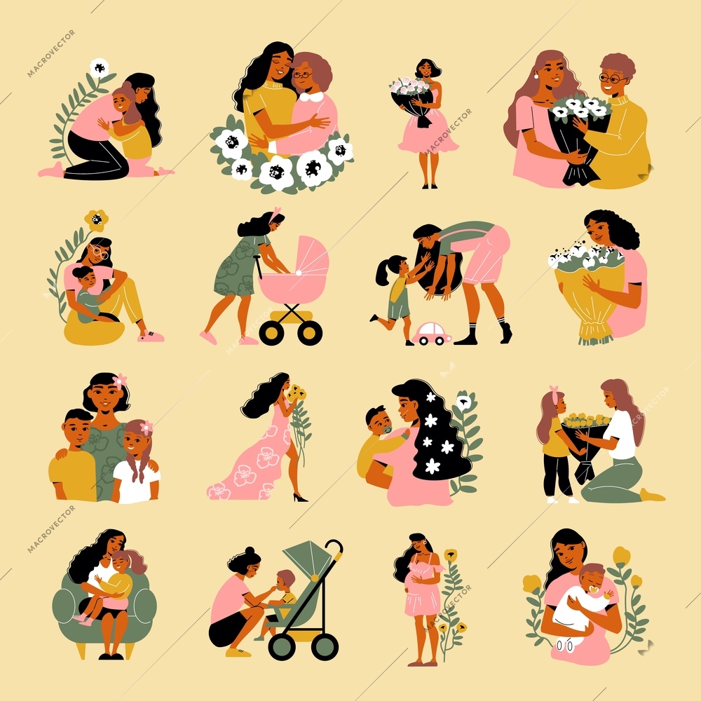 Mothers day color set of isolated icons with female characters of mom her children and flowers vector illustration