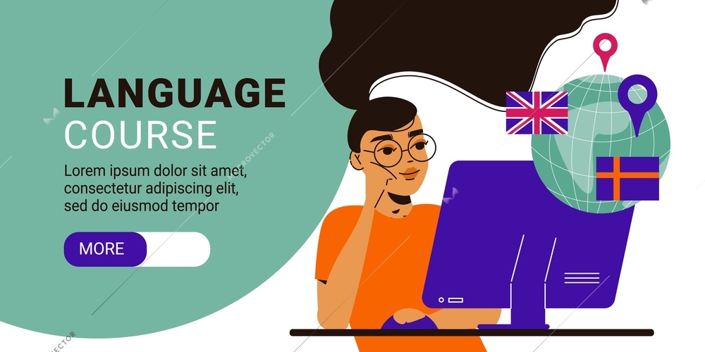 Language course horizontal banner with text and button image of earth globe female student with computer vector illustration