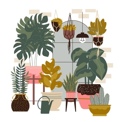 Home plants composition with indoor scenery with window and exotic plants with flowers growing in pots vector illustration