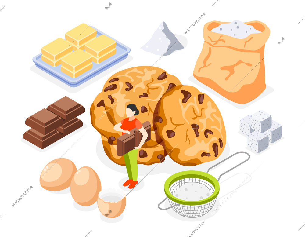 Bakery isometric icons set of flour sugar butter eggs chocolate and prepared cookies isolated vector illustration