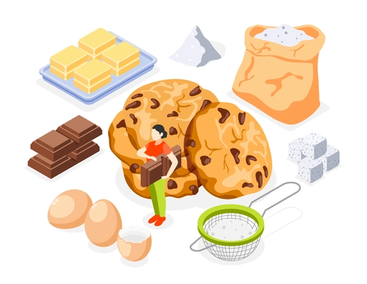 Bakery isometric icons set of flour sugar butter eggs chocolate and prepared cookies isolated vector illustration