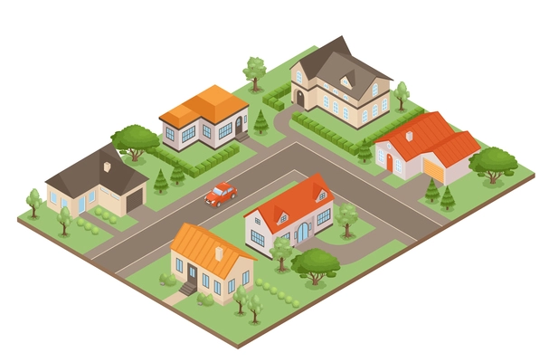 Town street with private houses and gardens 3d isometric vector illustration