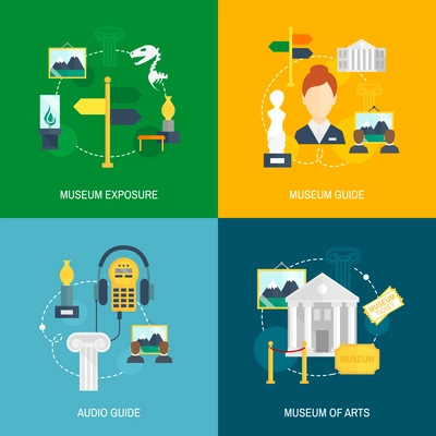 Museum icons flat set of exposure audio guide arts isolated vector illustration