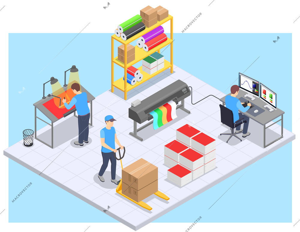 Printing house isometric composition with equipment and technical staff engaged in modeling designing and printing processes vector illustration