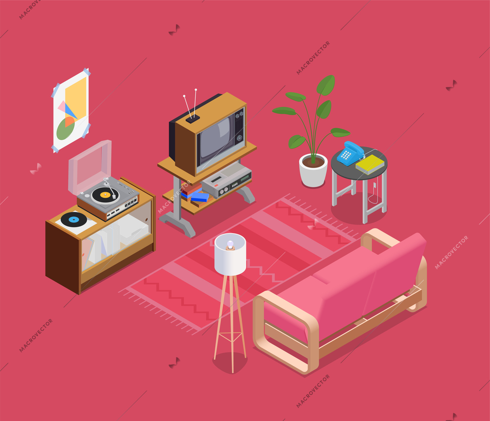 Retro devices isometric concept with TV lamp and telephone vector illustration