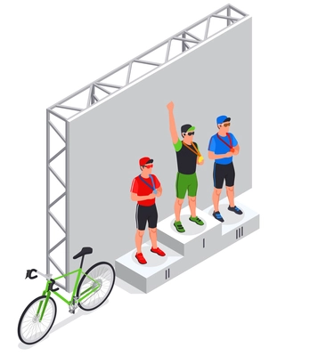 Sport cycling isometric composition with view of stage with winners podium bike riders and road bicycle vector illustration