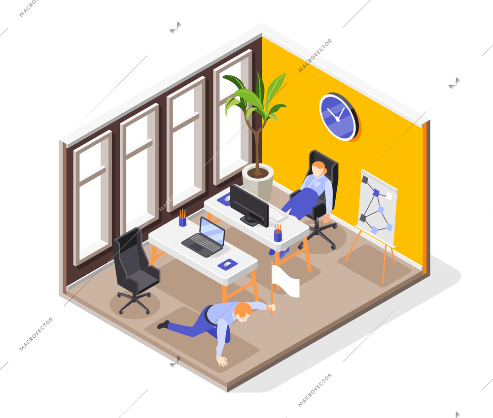 Burnout syndrome isometric composition with tired young woman sleeping in chair at her workplace isometric vector illustration