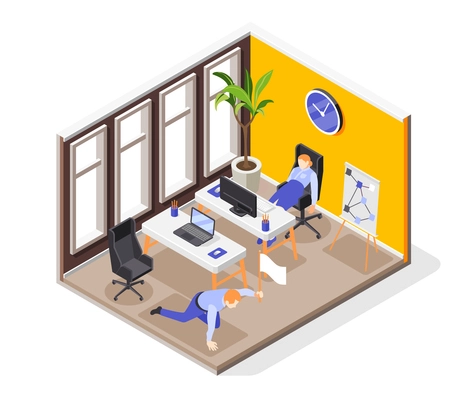 Burnout syndrome isometric composition with tired young woman sleeping in chair at her workplace isometric vector illustration