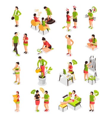 Human needs isometric icons recolor set with art and food symbols isolated vector illustration