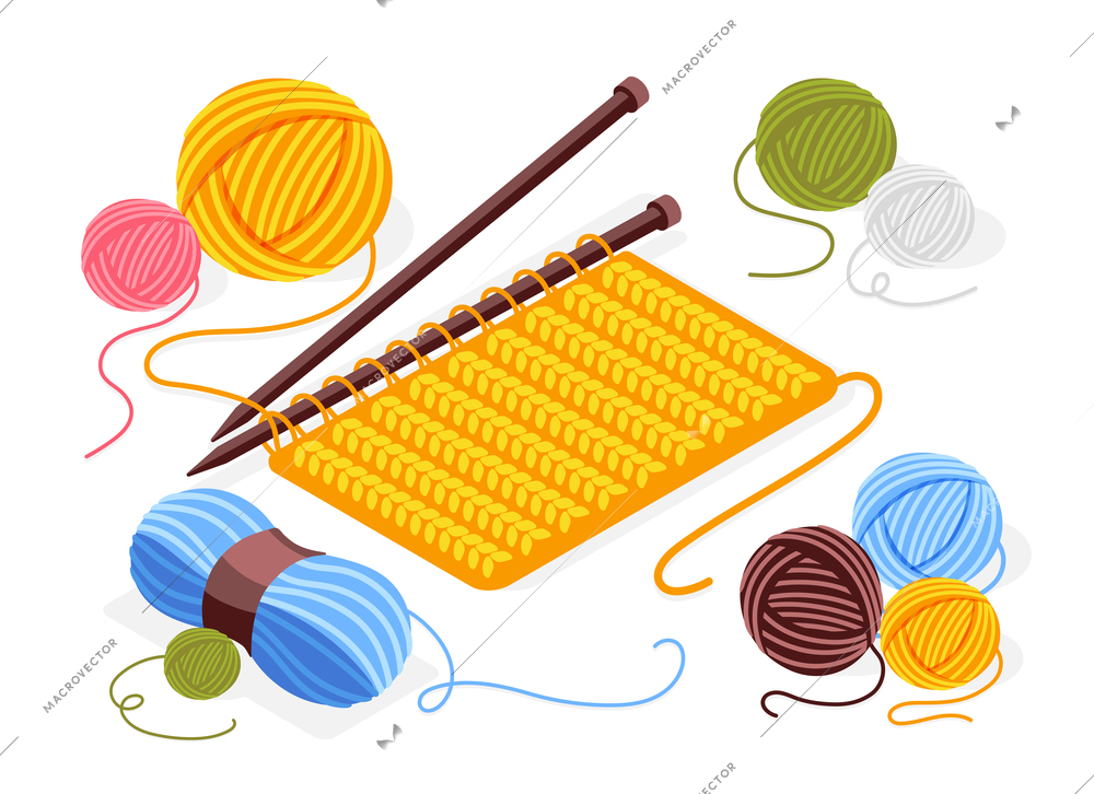 Handwork isometric composition with piece of knitted fabric knitting needles and colored wood clews vector illustration