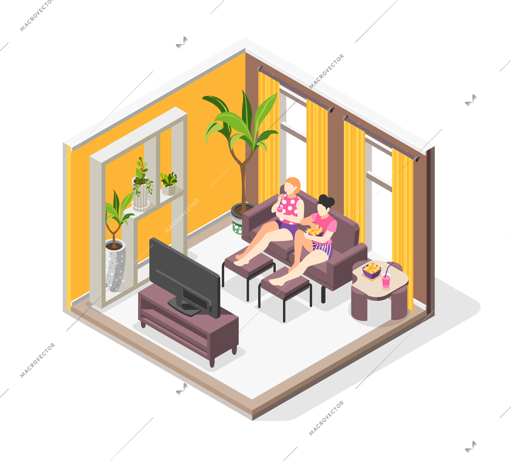 Pajama party isometric concept with two young  girls looking tv and eating sweets in home interior vector illustration