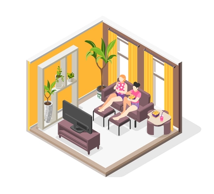 Pajama party isometric concept with two young  girls looking tv and eating sweets in home interior vector illustration