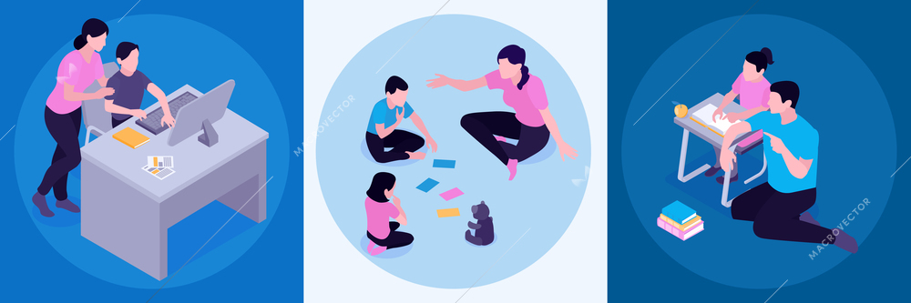 Homeschooling activities concept 3 isometric compositions with parents supporting studying children organizing learning trough games vector illustration