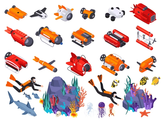 Underwater vehicles machines equipment isometric isolated icon set with divers fish different tools and underwater ships vector illustration