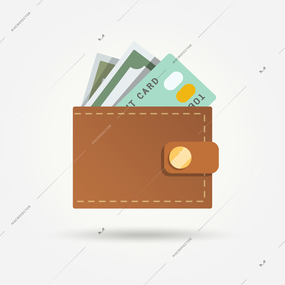 Wallet with money and credit card isolated on white background vector illustration.