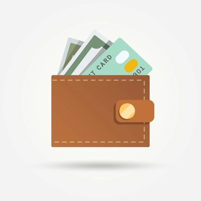 Wallet with money and credit card isolated on white background vector illustration.