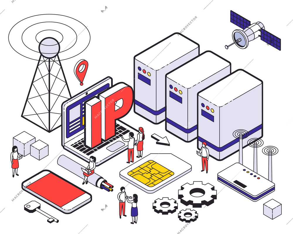 Isometric web hosting colored concept with different elements of hosting and digital tools vector illustration