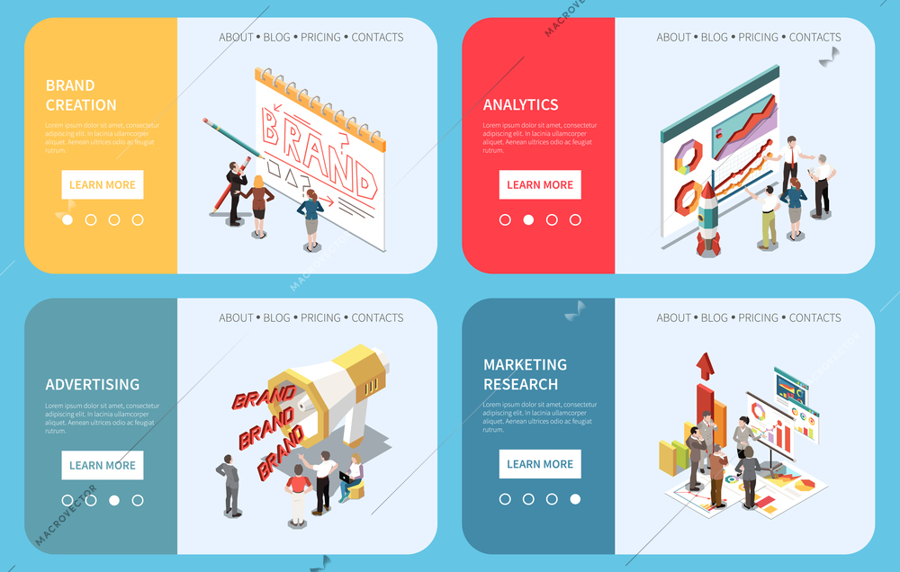 Brand creation advertising analytics marketing research horizontal concept banners set 3d isometric isolated on blue background vector illustration
