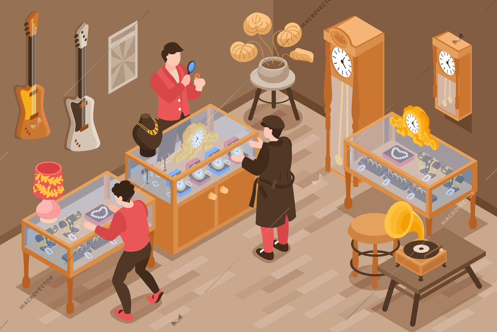 Pawn shop isometric background with visitors and jewelry expert appraiser making appraisal of valuable item vector illustration