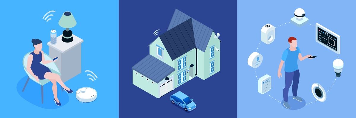 Smart home concept with woman controls light vacuum cleaner robot house garage car isometric compositions vector illustration