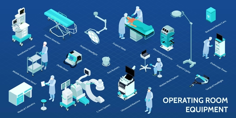 Medical operating room isometric infographic flowchart with patient stretcher surgical table instrumental stand surgeon nurse vector illustration