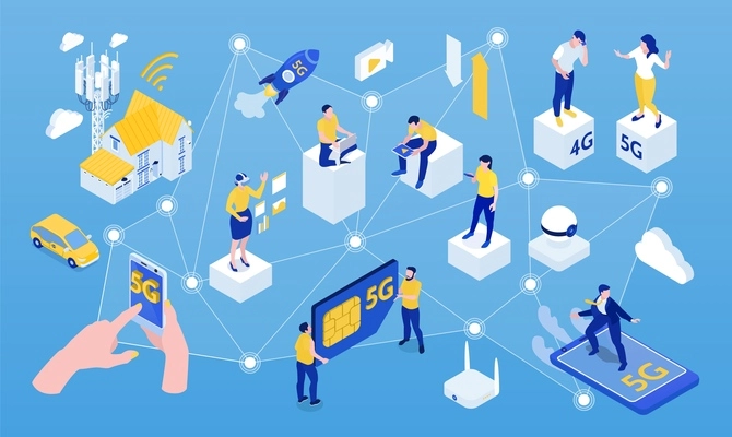 Innovative 5g internet technology isometric horizontal composition with smart home appliances devices users connection background vector illustration