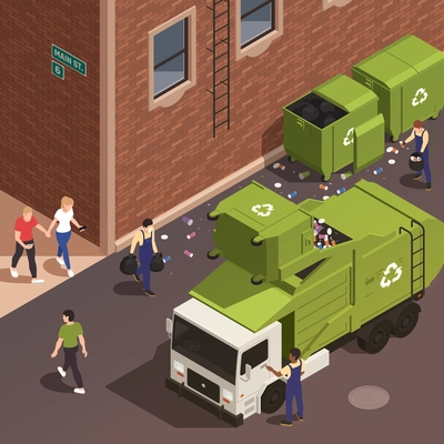 Garbage removal isometric poster with waste pickers in uniform loading trash into green truck from tanks vector illustration