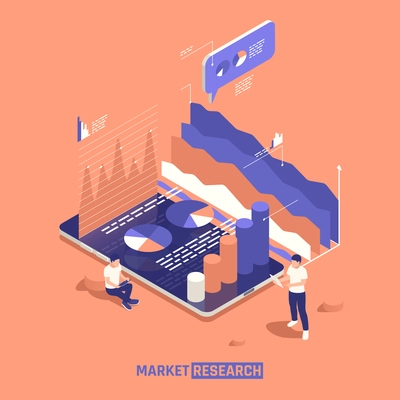 Market research abstract design concept with graphic lines bar and pie graphs isometric vector illustration