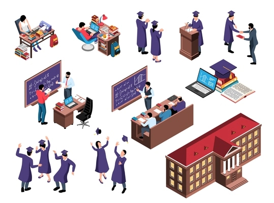 Isometric graduation set with dancing students tossing up academic hats images of workplaces and school building vector illustration