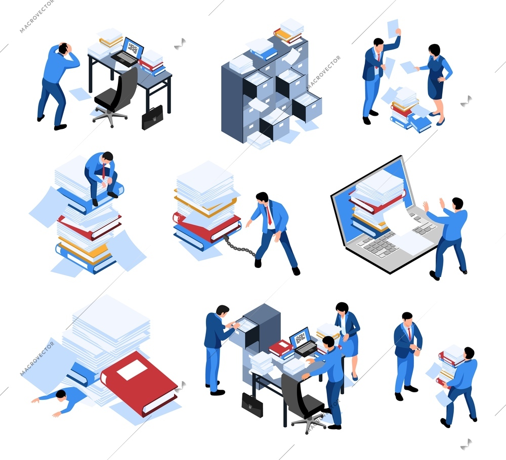 Set of isometric unorganized office work icons with isolated images of embarrassed workers with paper mess vector illustration
