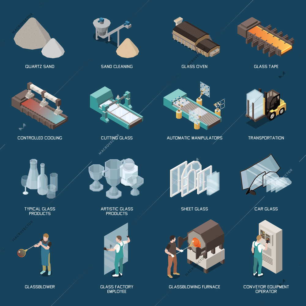 Set of isolated glass production isometric icons with text captions and images of products and machinery vector illustration