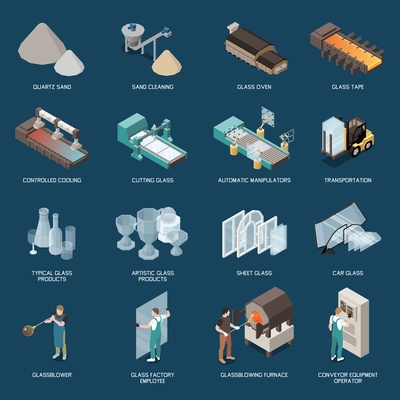 Set of isolated glass production isometric icons with text captions and images of products and machinery vector illustration