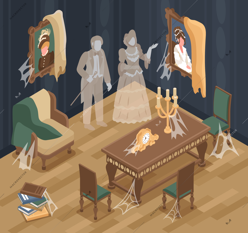 Old room interior background with mystery decorations isometric vector illustration