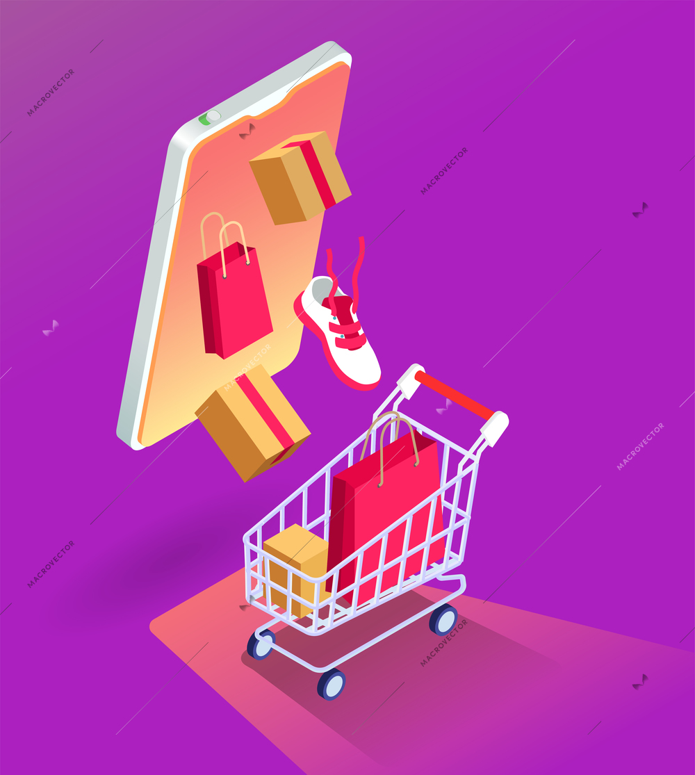 Online sale colorful poster with abstract composition consisting of purchases in shopping cart and smartphone isometric vector illustration