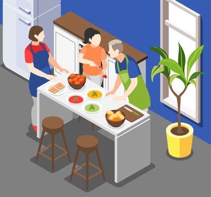Family cooking isometric background with cooking at home symbols isometric vector illustration