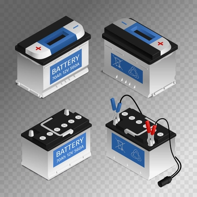 Automotive rechargeable battery 4 car parts isometric set isolated vector transparent background illustration