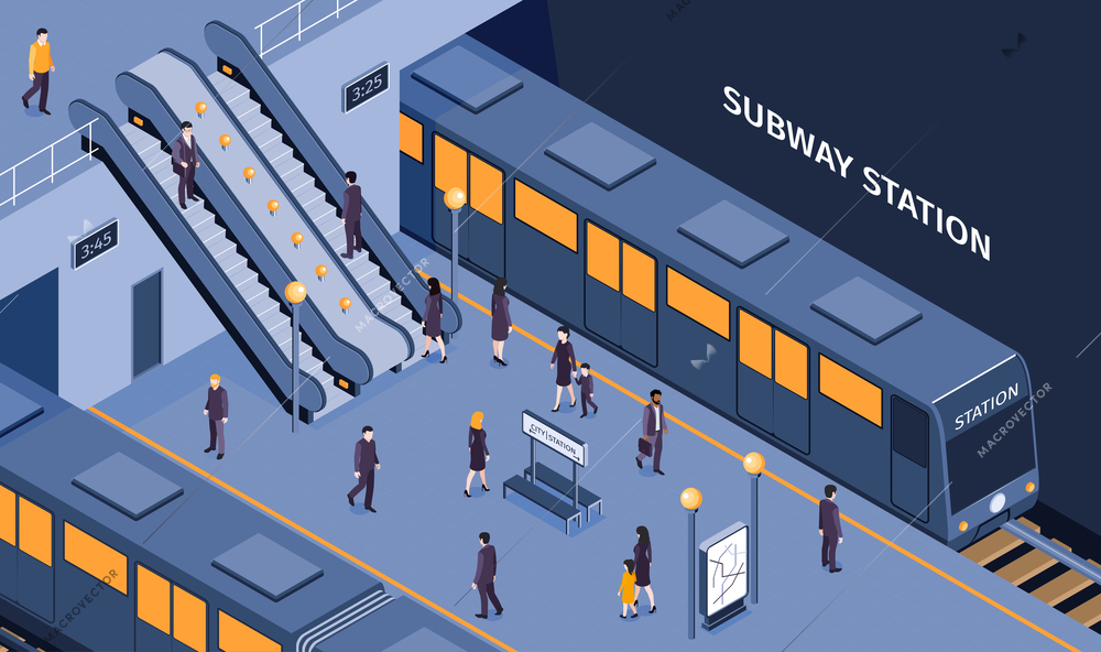 Subway underground metro station isometric composition with passengers descending escalator  boarding train waiting on platform vector illustration