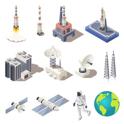 Space research isometric icons set with rocket astronaut planet earth radar command center isolated on white background 3d vector illustration