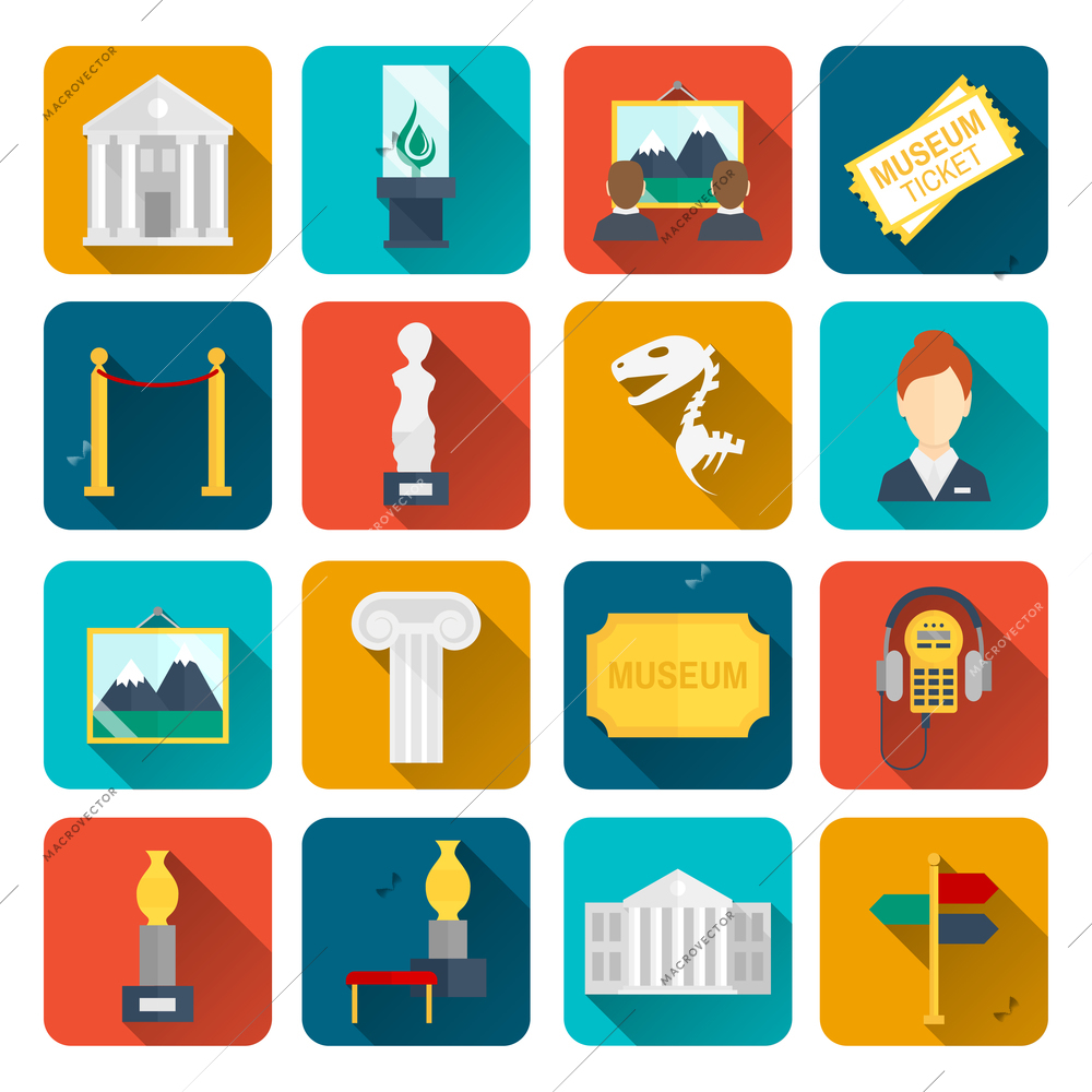 Museum icons flat set of sign canvas barrier isolated vector illustration