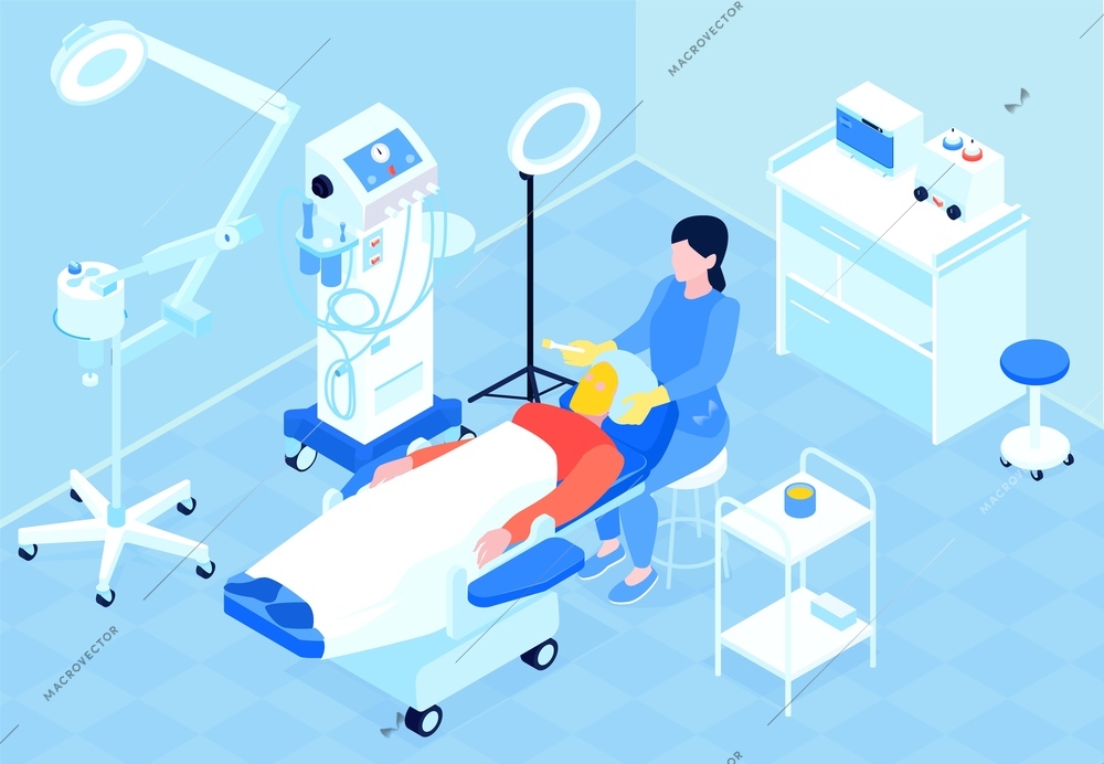 Professional female cosmetologist doing procedure of chemical peeling 3d isometric vector illustration